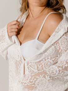 Aralina Curve Floral Lace Detailed Long Sleeve Sheer Cover Up Blouse - White - View 4