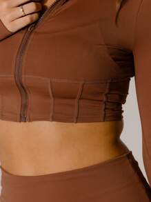 Aralina Leisurewear 巧克力色拉链高领短款运动紧身胸衣上衣 - 駝色 - 查看 3