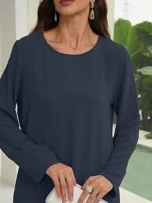 Mulvari Conjunto casual de 2 piezas con top de manga larga de cuello redondo y pantalones de unicolor para mujer