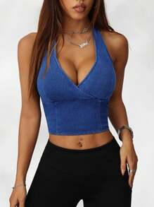 SHEIN EZwear Blusa vaquera azul de mujer de ajuste ceñido con cuello de halter elástico, para vacaciones de verano, estilo de los 90, primavera para mujer, estilo Y2K, vaquera, para mujer, rave, spring break, salir, streetwear, estilo de los 2000, gyaru, despedida de soltera, noche de citas, concierto de mujer, salir, con sujetador incorporado, playa para mujer, boho, Ibiza, se ajusta a festivales, tops de verano para mujer - Azul lavado medio - Ver 3