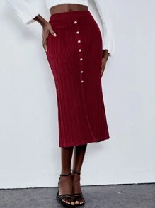 Chiquease Elegant Knit Waist Decor Button Front Midi Sweater Skirt For Women