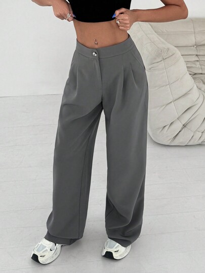 Women Solid Color High Waist Straight Pants