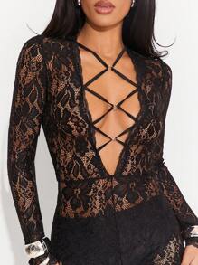 Hauture Lace Deep Plunging Neck Sheer Sexy Jumpsuit