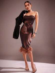 Hauture Ropa de invierno para mujer, elegante vestido midi sin tirantes de malla marrón con dobladillo con adorno de plumas. Para salir, conciertos, festivales, fiestas, vacaciones