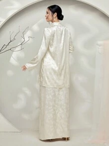 Graceveil Baju Kebaya Floral Jacquard Long Sleeve Button-Up Shirt & Long A-Line Skirt Set Modest