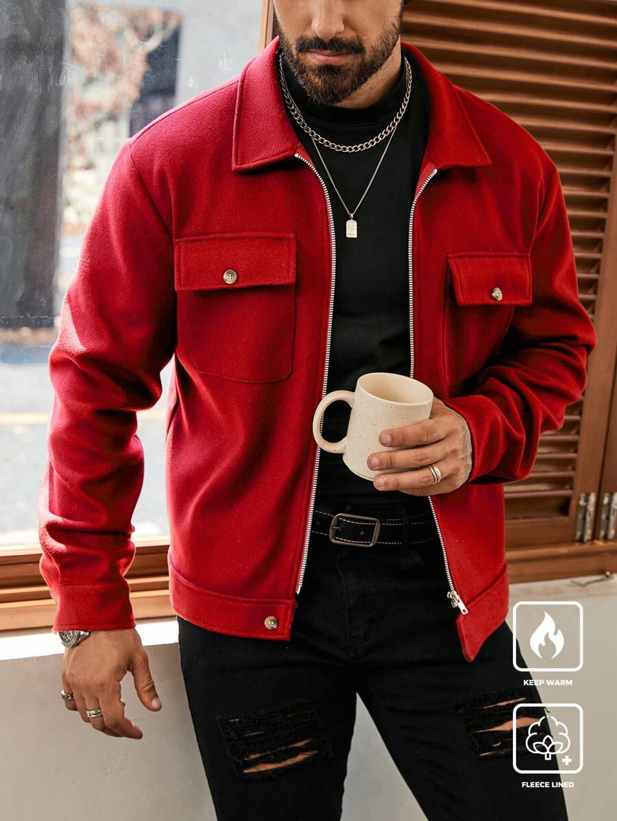 Manfinity Homme Men's Casual Solid Color Short Style Jacket, Autumn,Red Winter Men Jacket,Fall Men Clothes,Men's Long Sleeve Padded Coat