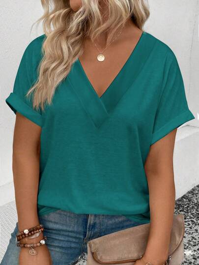 INAWLY Plus Size V-Neck Casual Loose T-Shirt With Cuffed Sleeves, Summer