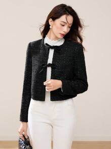 EastFlair 女士蝴蝶结领长袖短款常规夹克，秋冬 - 黑色 - 查看 6