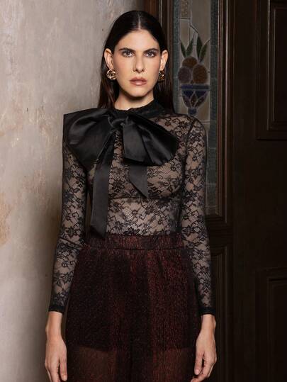 VERO DIAZ Designer Women Black Sheer Sexy Lace With Oversized Bow Elegant Top Party Top, New Year Eve, Going Out, Valentine's Day, Festival