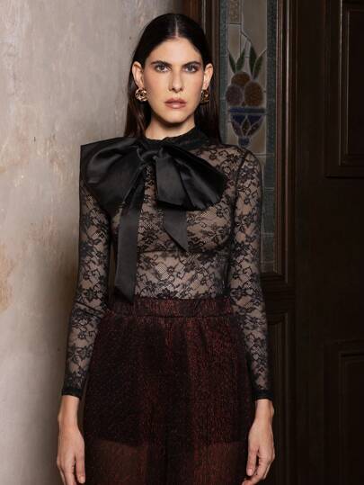 VERO DIAZ Top de fiesta elegante para mujeres, de encaje transparente y negro con lazo grande, para Año Nuevo, Salir, Día de San Valentín, Festivales
