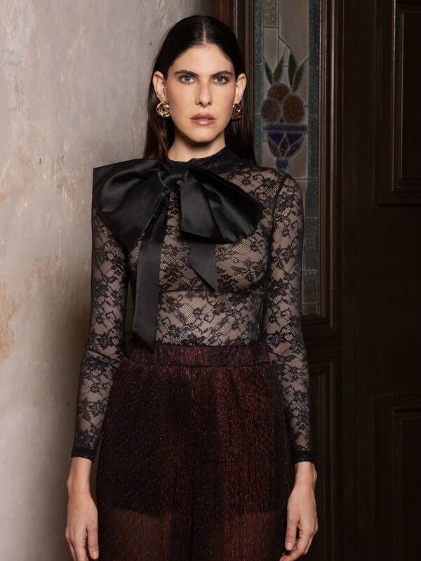 VERO DIAZ Top de fiesta elegante para mujeres, de encaje transparente y negro con lazo grande, para Año Nuevo, Salir, Día de San Valentín, Festivales