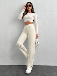 EURMUSE 100%Cotton Slant Pocket Straight Leg Jeans - Beige - View 4