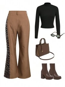Chiquease Women's High Waist Pockets Straight Leg Pants With Leopard Print Patchwork Design, Casual Autumn/Winter