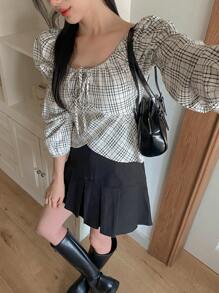 DAZY Blusa casual de manga larga con nudo delantero a cuadros para mujer, use diaria