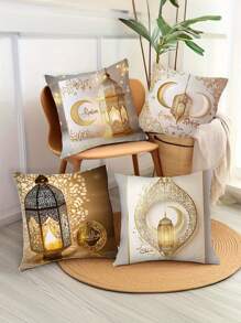斋月庆典 4 件套枕套 - 17.72 英寸方形，金色和白色，带有优雅的新月和灯笼设计，拉链开合，可机洗 - 非常适合客厅、卧室、室内/室外装饰 - 彩色 - 查看 5