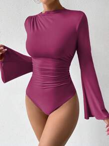 RosyDaze Elegant Solid Color Flared Sleeve Ruched Bodysuit, Autumn Fall Cloth For Women - Red Violet - View 5
