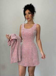 Elenzga 2 件套女士休闲前扣长袖格子上衣和连衣裙套装 - 紅色 - 查看 5