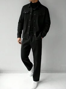 Manfinity Homme Men's Solid Color Long Sleeve Single-Breasted Casual Jacket And Pants Set