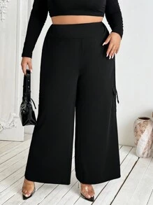 SHEIN CURVE+ Plus Size Women's High Waisted Elastic Wide Leg Pants, Daily Casual Streetwear With Pockets, Workwear Style,
