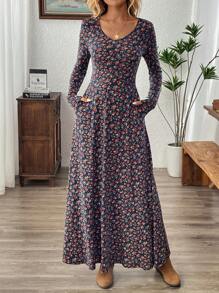 SHEIN LUNE 女士 V 领长袖全印花休闲长裙 - 彩色 - 查看 7