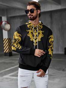 Manfinity LEGND Áo nỉ có mũ trùm đầu in họa tiết cổ điển dành cho nam, Áo hoodie dài tay họa tiết Paisley họa tiết mùa thu giản dị, Quà tặng cho bạn bè, chồng, bạn trai - màu đen - Xem 5