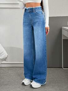 EURMUSE Casual Washed Frayed High Waist Straight Leg Jeans - Medium Wash - View 3