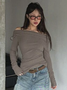 DAZY Áo thun nữ dài tay, kiểu trễ vai, thắt eo, ôm sát, thích hợp mặc mùa thu. - Màu Khaki - Xem 1