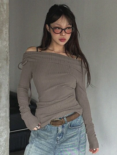 DAZY 女士露肩系带修身T恤，秋季长袖服装