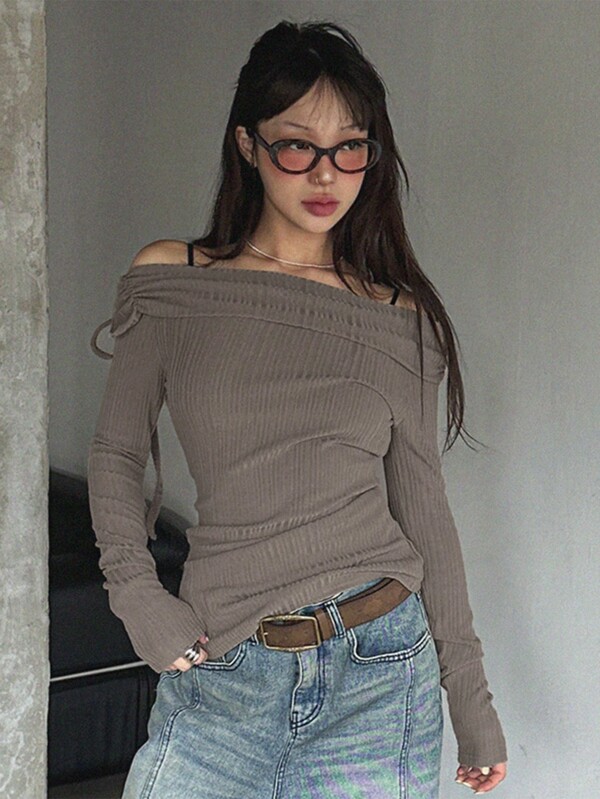 DAZY Women Off-Shoulder Tie Waist Fitted T-Shirt,Fall Clothes