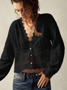 Bohemela Casual Solid Color Woven V-Neck Lantern Sleeve Lace Trim Loose Fit Women Blouse