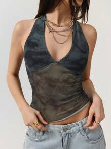 StreetHx Top de tirantes con estampado de teñido anudado, escote profundo en V y espalda descubierta de malla para mujeres - Verde Oscuro - Ver 1