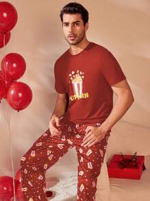 CoupledUp Valentine's Day Men's Pajama Set Short Sleeve Top & Long Pants - Red - View 6