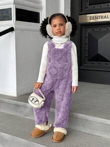 SHEIN 年轻女孩秋冬保暖内衬连体裤，舒适休闲日常穿着 - 紫色 - 查看 3