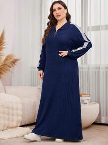 Mulvari 加大码宽松针织翻领半拉链长款休闲连衣裙，运动风格长款女装