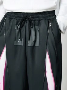 ROMWE MEN Street Life Men's Casual Colorblock Star Print Zipper Design Drawstring Waist Baggy Sweatpants - Black - View 4