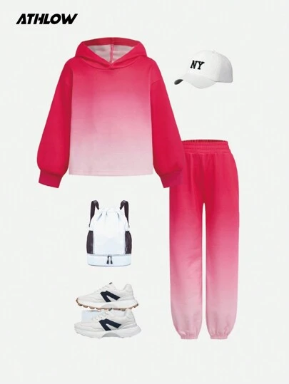 年轻女孩渐变粉色两件套，连帽运动衫和裤子套装，适合慢跑、散步和日常休闲的时尚运动服