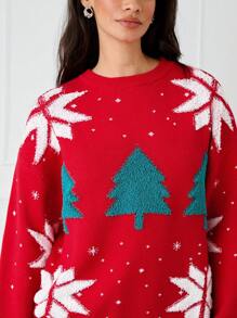 Manfinity VCAY Unisex Christmas Tree & Snowflake Pattern Loose Fit Crew Neck Pullover Sweater, Suitable For Christmas, Autumn/Winter - Red - View 4
