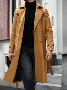 Manfinity Homme 男士休闲翻领双排扣系带长款风衣，适合送给朋友、丈夫、男朋友的礼物 - 卡其色 - 查看 7