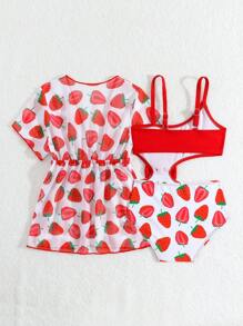 SHEIN 2 pièces/Set Maillot de bain bébé fille, Imprimé fraise mignon et décor nœud papillon. Maillot de bain avec cache-maillot anti-UV