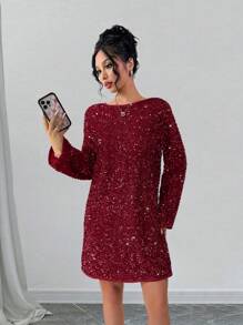 Rafferiza Women's Elegant Sequin Bow Decor Christmas Dress, Casual Short Loose Fit Party Dress Fall Cloth For Women