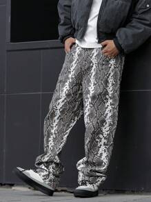 Manfinity Homme Men's Snakeskin Print Loose Wide-Leg Jeans - Grey - View 1