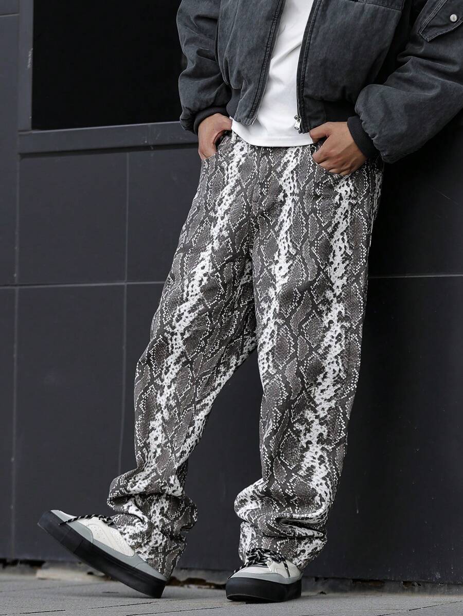 Manfinity Homme Men's Snakeskin Print Loose Wide-Leg Jeans - Grey - View 1