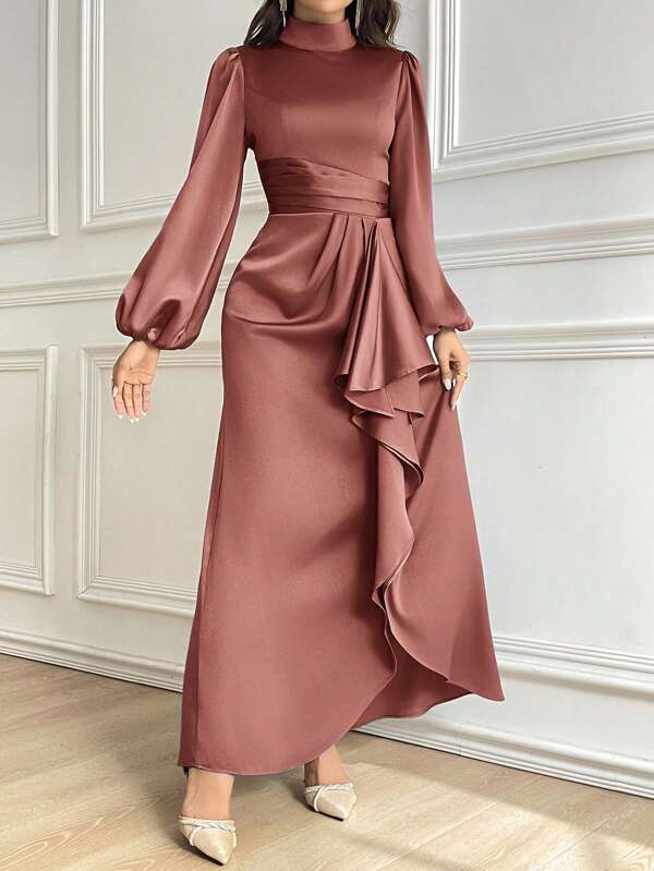Modelyn Women's Solid Color Stand Collar Lantern Sleeve Ruffle Hem Elegant Dress Long Evening Dresses