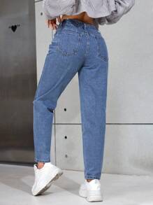 SHEIN PETITE Casual Washed Rhinestone Tapered Denim Pants - Light Wash - View 3