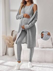 SHEIN 3-Piece Set: Knit Solid Ribbed Tank Top Cardigan & Wide Leg Pants - Light Grey - View 2