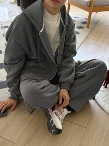 DAZY 2pcs/Set Men Hooded Sweatshirt & Drawstring Pants, Dark Grey, Autumn - Dark Grey - View 3