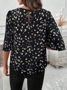 SHEIN LUNE 女式荷叶边泡泡袖动物印花衬衫，冬季休闲办公室工作服 - 黑色 - 查看 2