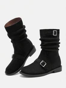 CUCCOO BIZCHIC Botas negro de media pantorrilla con detalles de botones rizado, botas de mujer estilo caballero, plataforma de tacón plano de tacón grueso, botas de motociclista