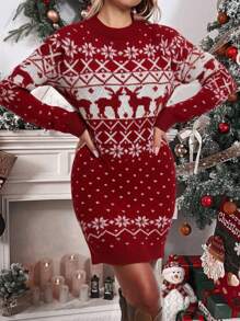 Chiquease 女士秋冬驯鹿与雪花印花圆领长袖修身优雅毛衣连衣裙新年衣服 - 紅色 - 查看 4