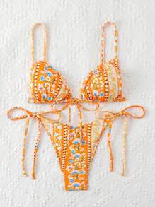 SHEIN Swim 女士花卉印花系带丁字裤比基尼套装，性感比基尼套装，适合度假和海滩，随机印花，夏季海滩 - 亮橙色 - 查看 5